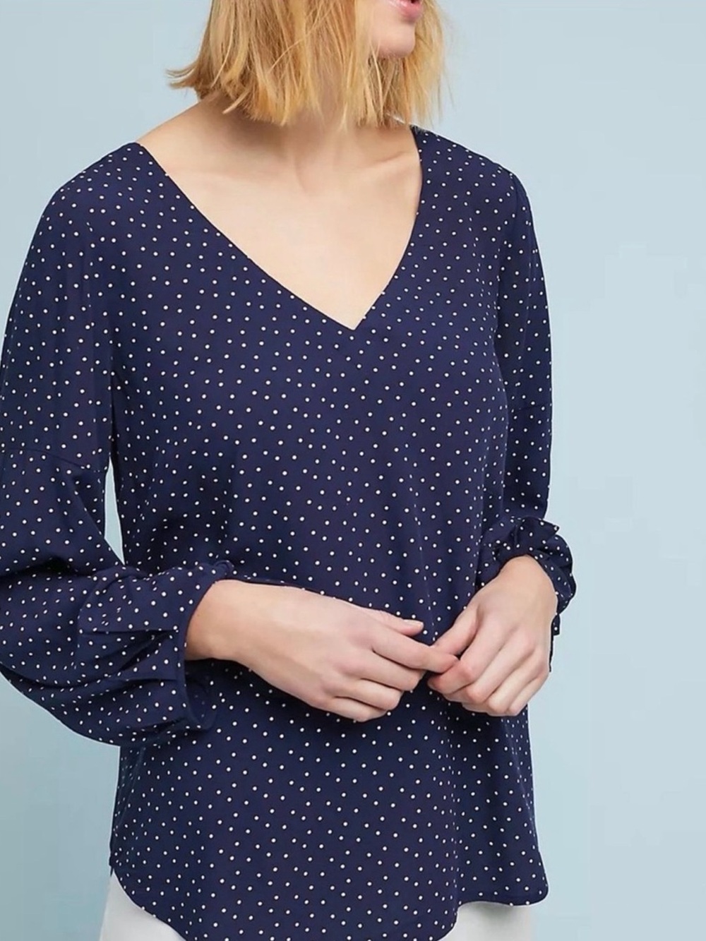 Mauve Navy Blue Polka Dot V-Neck Blouse